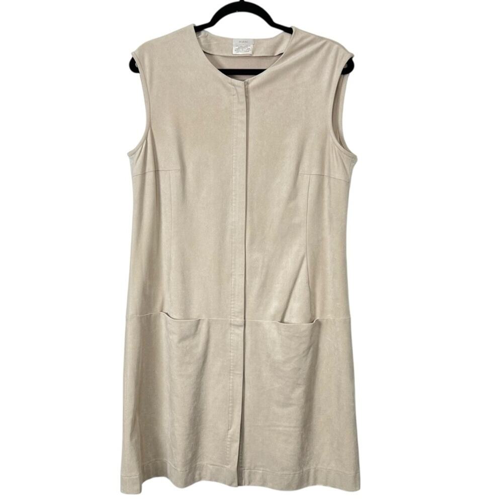 RIANI Sleeveless Dress Apron Pockets Double Zip Taupe Faux Suede Size 10